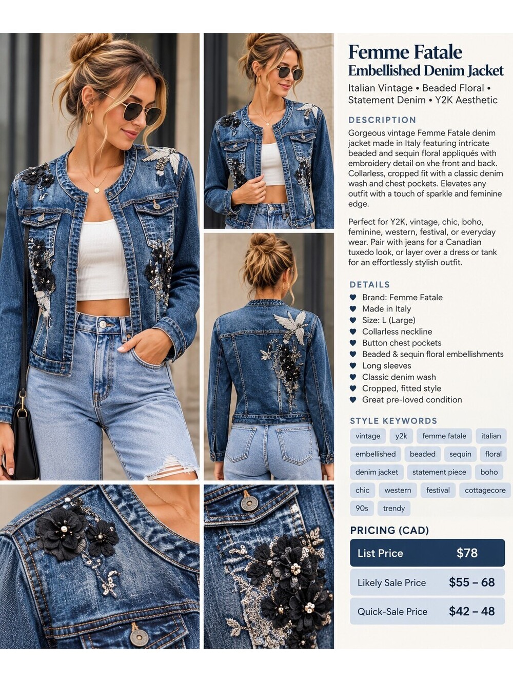Femme Fatale Made in Italy Embellished Denim Jacket L/G Floral Beaded Y2K